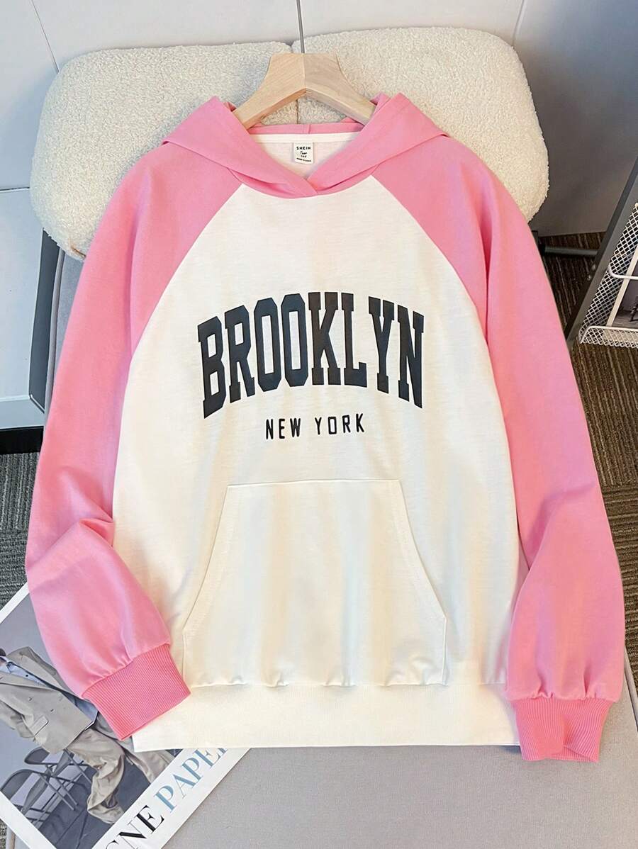 SHEIN Moletom com capuz colorblock para menina adolescente com estampa de fonte em inglês, casual