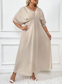SHEIN CURVE+ Plus Batwing Sleeve Dress - Khaki - View 3
