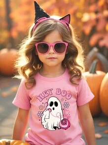 Young Girl Casual Halloween Element Cute Ghost & Colorful Letter Print Basic Short Sleeve T-Shirt - Pink - View 1