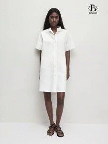 BizChic 女士春夏款休閒純棉白色襯衫連衣裙，立領寬鬆版型前鈕