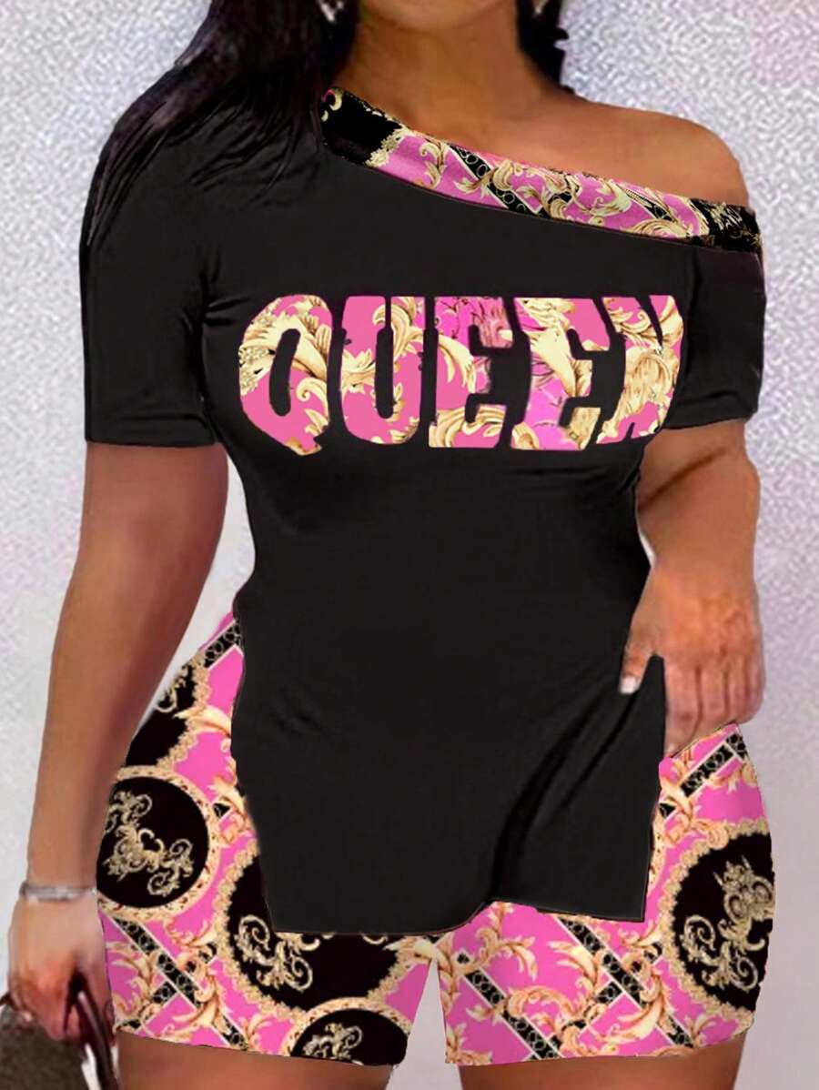 Slaydiva Plus Size Hàng Ngày Slim-Fit Cổ Bất Đối Xứng Chữ Nữ Hoàng Và Họa Tiết Triều Đình Cổ Điển In Áo Tay Ngắn Và Quần Short Set-C - Nhiều màu - Xem 1