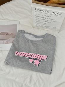 SHEIN Unity 女士撞色星形印花圆领长袖套头卫衣秋季卫衣 - 灰色 - 查看 5