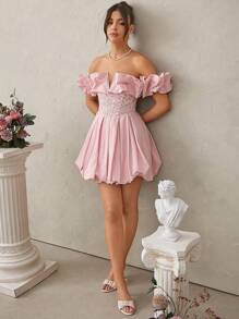 SHEIN Unity Off The Shoulder Dress With Lace Center And Bubble Hem - Dusty Pink - View 2