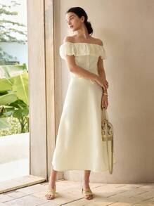 MOTF PREMIUM 露肩褶饰荷叶边修身上衣 - 杏色 - 查看 9