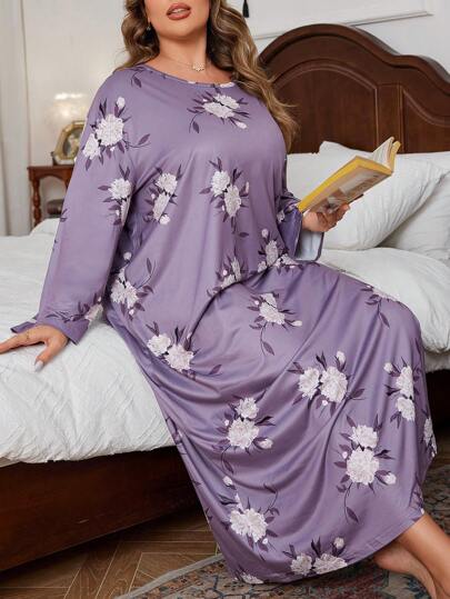 SHEIN Vestido de dormir de manga larga con cuello redondo y estampado floral para mujer de talla grande, Moo Moo, detalles cómodos y elegantes, atuendo, otoño e invierno