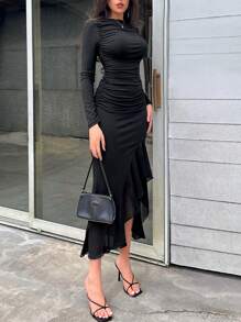 Firerie 女士优雅黑色不对称荷叶边修身褶皱长裙、长袖长裙、秋季连衣裙、秋季服装、秋季女装、长款黑色连衣裙、不对称下摆连衣裙、荷叶边拼布连衣裙、黑色长袖、教师连衣裙、演唱会女装、适合日常、派对、返校季、婚礼季、演出服装 - 黑色 - 查看 5