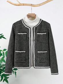 EMERY ROSE Women's Contrast Color Trim Minimalist Daily Long Sleeve Short Coat Fall Jackets Korean Fashion Fall Women Clothes