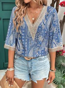 EMERY ROSE Women Floral Print Lace Splice V-Neck Loose Casual Shirt For Summer Holiday