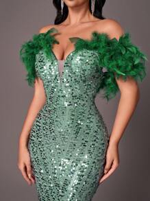 SHEIN Belle Elegant Romantic Beaded & Feather Decorated Women's Evening Gown (Deluxe Edition) (Faux Fur Shoulder Decor), Formal Prom Dress, For Wedding Guest, Graduation, Dinner - Dark Green - View 3