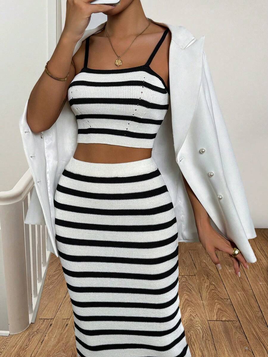 SHEIN LUNE Casual Striped Women's Knitwear Set (2pcs) - Black and White - View 1