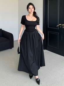 DAZY Vestido casual de manga corta con cuello cuadrado de unicolor, vestido de verano - Negro - Ver 4