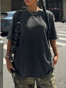 SHEIN EZwear 女士休闲宽松落肩黑色 T 恤，夏季