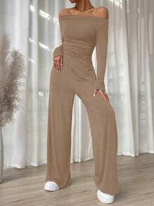 SHEIN Essnce 2 Stücke Damen Lässig Set aus Asymmetrischem Saum T-Shirt mit Off-Shoulder und Hose für Frühling/Herbst, einfarbig