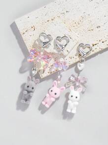 ROMWE Kawaii 3pcs/Set Pink Translucent Bow, White Faux Pearl, Grey/White/Pink Cute Rabbit Flocked Keychain Gift, Fashionable And Delicate Bag Charm, Suitable For Women's Daily Wear And Holidays Valentines