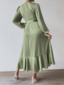 Calvaya Vestido largo de manga larga de satén verde salvia para mujer