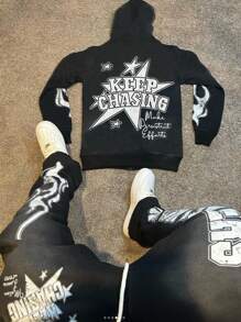 Manfinity Roghcode Áo nỉ trùm đầu dáng rộng dành cho nam in chữ, khóa kéo và dây rút có thể điều chỉnh, họa tiết, trang phục dạo phố, hip hop, mùa thu - màu đen - Xem 2