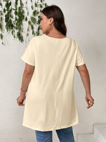 SHEIN Privé Camiseta suelta de manga corta de longitud midi, de línea A, de unicolor y elegante, para tallas grandes en verano - Albaricoque - Ver 3