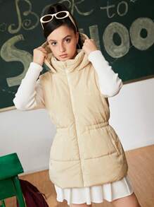 SHEIN Teen Girls Solid Color Hooded Sleeveless Padded Coat With Zipper, Tie And Pockets, Winter