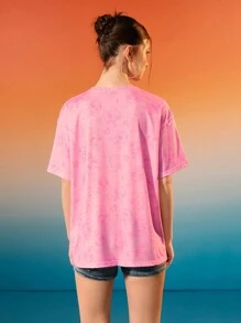 THE POWERPUFF GIRLS X SHEIN Camiseta holgada con estampado de letra de dibujos animados para mujer, rosa, de hombros caídos