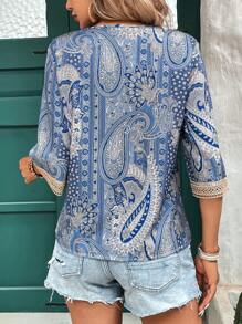 EMERY ROSE Women Floral Print Lace Splice V-Neck Loose Casual Shirt For Summer Holiday