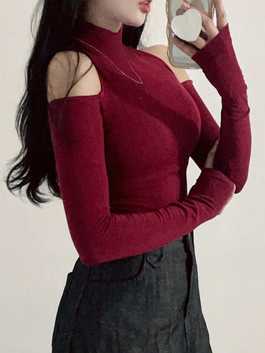 DAZY 女士修身高领T恤，中国新年款，酒红色，适合春、夏、秋季穿着，长袖女式上衣，秋季款 - 酒紅色 - 查看 1