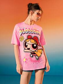 THE POWERPUFF GIRLS X SHEIN Camiseta holgada con estampado de letra de dibujos animados para mujer, rosa, de hombros caídos