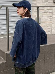 FRIFUL Women Simple Solid Color Round Neck Loose Slit Hem Sweatshirt - Blue - View 5