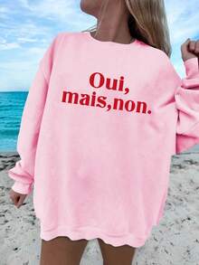 SHEIN EZwear Áo nỉ chui đầu in họa tiết đồ họa cỡ lớn dáng rộng thoải mái cho nữ, màu hồng, mùa thu/đông - Hồng - Xem 2