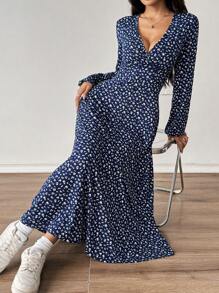 SHEIN Unity Đầm Maxi Chữ A Cổ Chữ V Họa Tiết Hoa Xanh Navy Cho Nữ Trang Phục Mùa Thu Vải Cho Nữ - Màu xanh hải quân - Xem 5