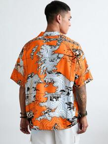 Manfinity VCAY Men's Casual Loose Fit All-Over Print Short Sleeve Woven Shirt,Halloween Shirts,Orange Shirts - Orange - View 2