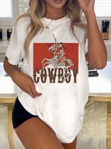 INAWLY 复古 90 年代/2000 年代马戏团女牛仔图案圆领短袖 T 恤休闲上衣图案 T 恤女式上衣