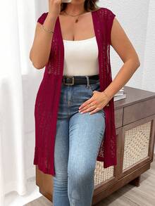 SHEIN Franclia Plus Size Nữ Đơn Giản Màu Trơn Không Tay Rỗng Áo Cardigan - Màu Đỏ Sâu - Xem 3