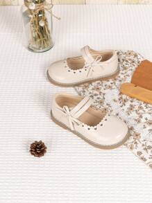 Girls' Fashion Cute Mary Jane Flat Shoes, Solid Color Bow Hook And Loop Princess Shoes