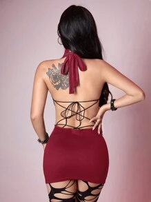 ROMWE Grunge Punk Sexy Strap And Circular Ring Design Bodycon Halter Dress For Women - Burgundy - View 6