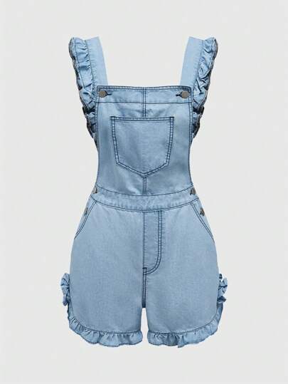 Kawaii Süße Denim Latzhose mit Rüschen Saum für Frauen