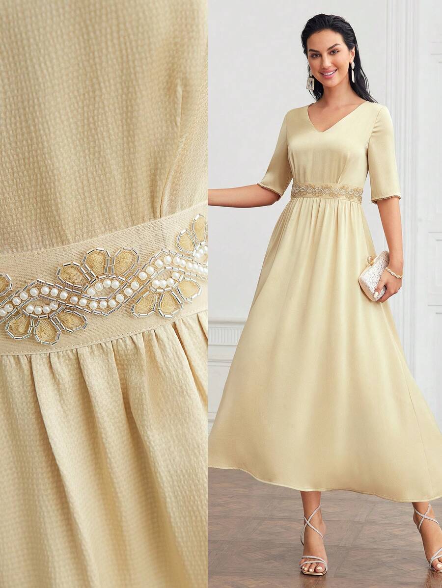 MOTF PREMIUM VESTIDO DE CINTURA ADORNADO CON PERLAS FALSAS Y CUENTAS CON CUELLO EN V Y DOBLADILLO EN FORMA DE LLAMA