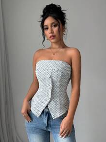 Elenzga Elenzya 女款淺藍色優雅修身抹胸上衣，春夏秋冬皆宜，前襟鈕扣裝飾，優雅風格，適合派對、辦公室、休閒穿著，灰色 - 灰色 - 查看 5