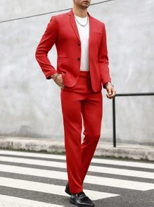 Manfinity Mode 男士純色時尚西裝外套和褲子套裝 - 紅色 - 查看 3