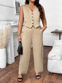 Calvaya Plus Size V-Neck Sleeveless Button-Up Top And Solid Color Relaxed Wide-Leg Pants Suit Set - Khaki - View 1