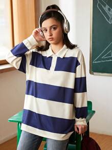 SHEIN Explorewe 青少女休閒條紋式撞色長袖緊身衣襯衫，有可摺疊領子，時尚百搭