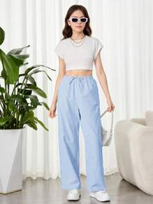 SHEIN 少女编织条纹蝴蝶结装饰松紧腰宽松休闲裤 - 藍色 - 查看 5