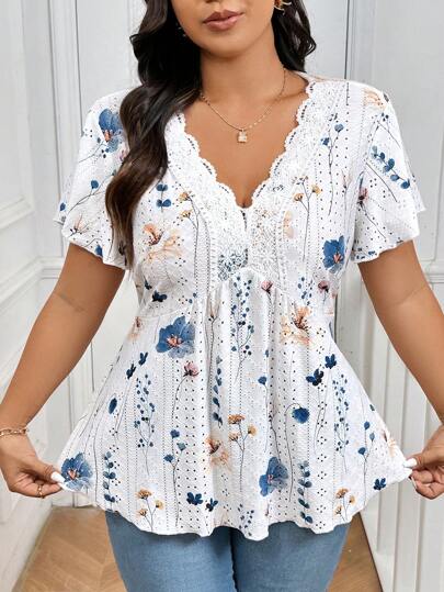 SHEIN Frenchy Plus Size Tie Dye Floral V-Neck Contrast Lace Textured Women's Summer Boho T-Shirt