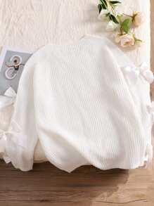 CosyJoli Plus Size Long Sleeve Pullover Sweater With Hollow Out Bow Decor, Cute & Loose Fit Knitted Top, Apricot Color In Fall/Winter,Slightly Sheer - Apricot - View 2