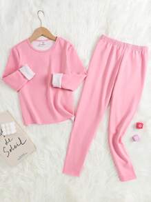 SHEIN 2pcs Tween Girl Simple Comfortable High Elastic Long Sleeve Sleepwear Set - Dusty Pink - View 3