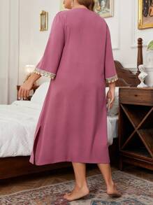 Plus Size Women's Elegant Colorful Sequin Floral Splice Fringe Flare Sleeve Nightgown - Mauve Purple - View 2