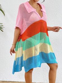 SHEIN Swim Farbblock Lochmuster Stricklockerungssitz Schlitz Strand Vacation Überzieherkleid für den Sommer - Verschiedenfarbig - Übersicht 5