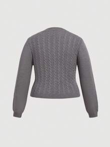 SHEIN MOD Plus Size Women's Vintage Style Cable Knit Textured Long Sleeve Cardigan, Gray
