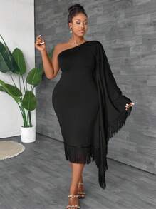 Maweii Plus Size Nữ Màu Trơn Đơn Giản Trang Trí Viền Cổ Bất Đối Xứng - màu đen - Xem 3