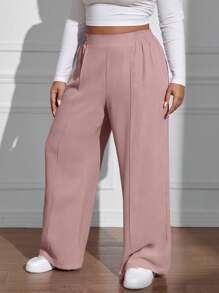 SHEIN EZwear 大码女式纯色简约休闲阔腿裤 - 藕粉色 - 查看 3