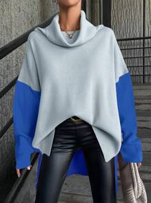SHEIN Cottnline Women's Contrast Color Turn-down Collar Sweater - Blue - View 5